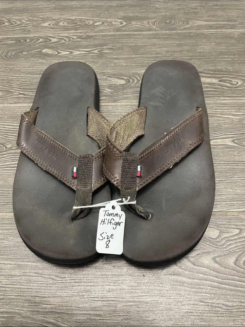 Tommy Hilfiger Men’s Dark Brown Leather Flip-Flops with Signature Flag